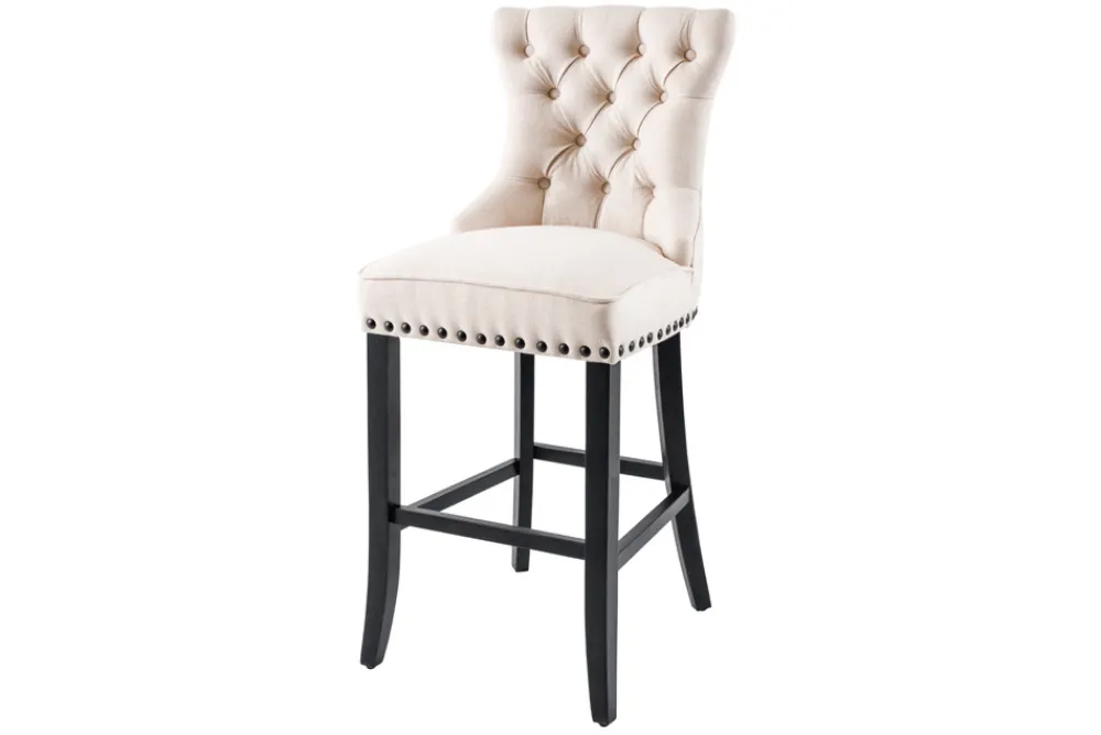 Riess-Ambiente Barhocker > Design Barhocker CASTLE beige schwarz Strukturstoff mit Lehne Holz Chesterfield