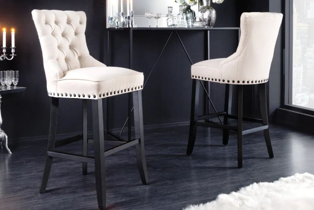 Riess-Ambiente Barhocker > Design Barhocker CASTLE beige schwarz Strukturstoff mit Lehne Holz Chesterfield