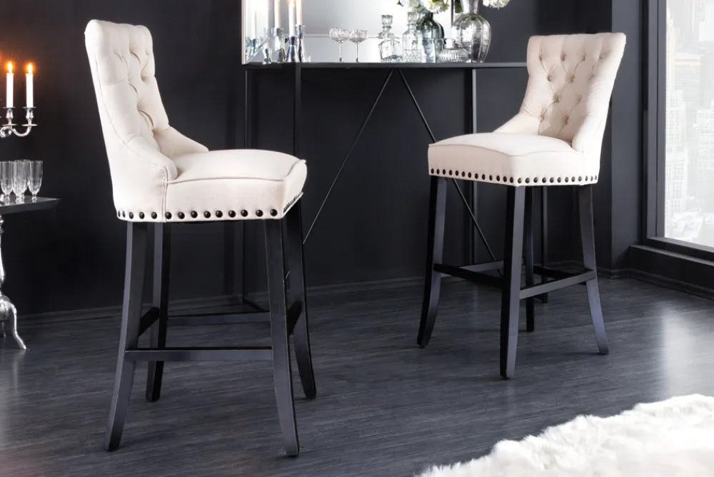 Riess-Ambiente Barhocker > Design Barhocker CASTLE beige schwarz Strukturstoff mit Lehne Holz Chesterfield