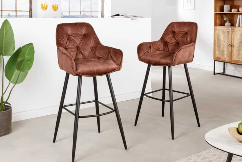 Riess-Ambiente Barhocker|Samt Möbel > Design Barhocker MILANO rost braun Samt Barstuhl mit Lehne Metall schwarz Chesterfield-Steppung