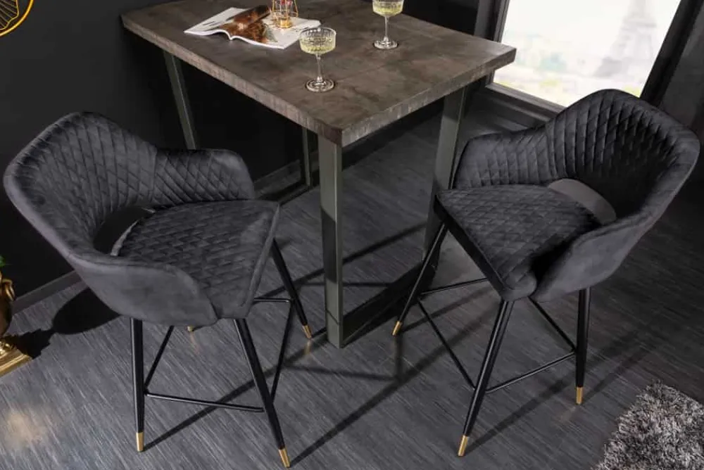 Riess-Ambiente Retro Möbel|Barhocker > Design Barhocker PARIS grau Samt mit Lehne Metall schwarz gold Ziersteppung