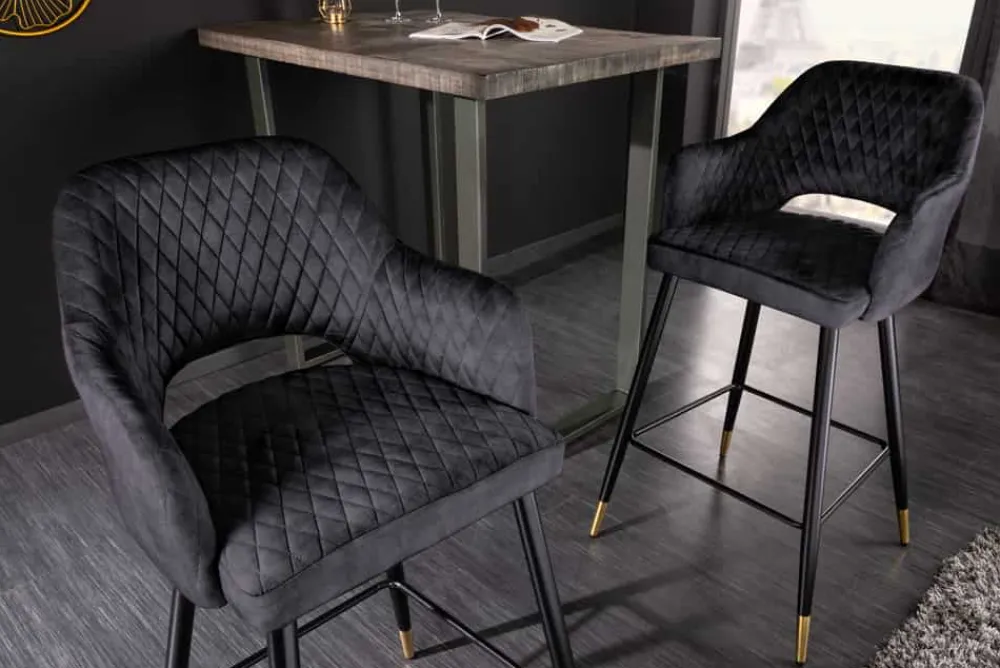 Riess-Ambiente Retro Möbel|Barhocker > Design Barhocker PARIS grau Samt mit Lehne Metall schwarz gold Ziersteppung