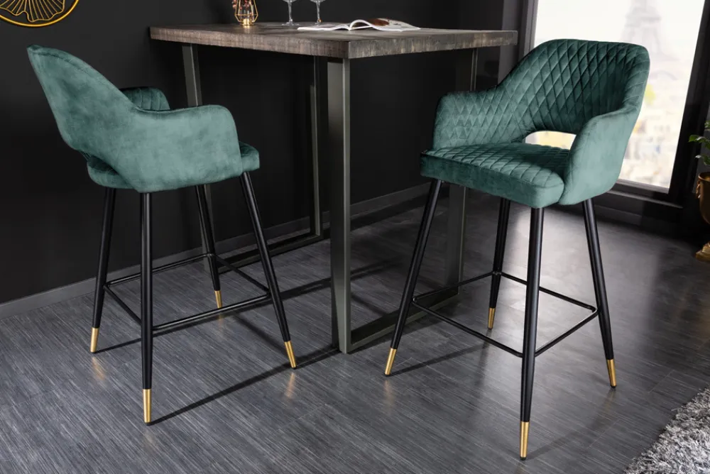 Riess-Ambiente Goldene Möbel|Retro Möbel > Design Barhocker PARIS petrol Samt Ziersteppung Fußkappen gold mit Armlehnen