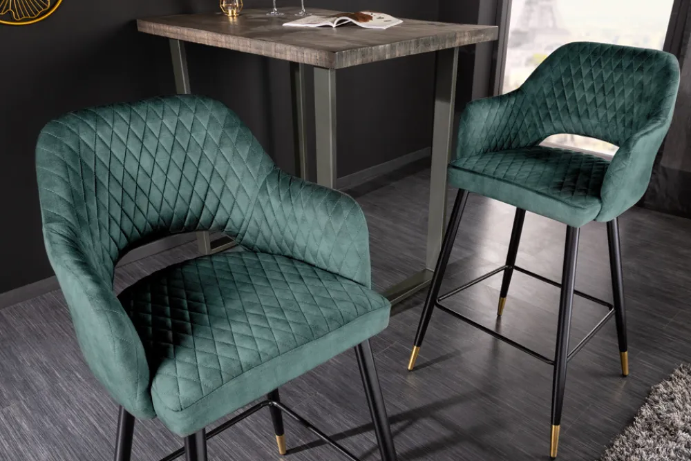 Riess-Ambiente Goldene Möbel|Retro Möbel > Design Barhocker PARIS petrol Samt Ziersteppung Fußkappen gold mit Armlehnen