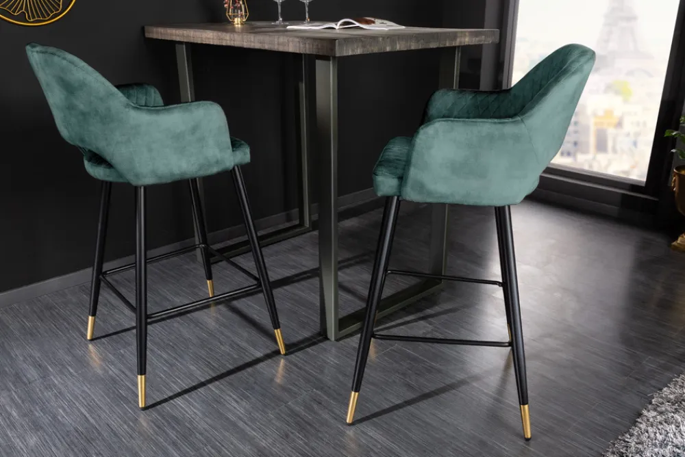 Riess-Ambiente Goldene Möbel|Retro Möbel > Design Barhocker PARIS petrol Samt Ziersteppung Fußkappen gold mit Armlehnen