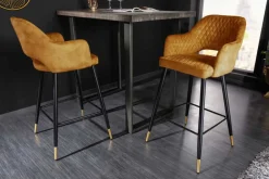 Riess-Ambiente Retro Möbel|Barhocker > Design Barhocker PARIS senfgelb Samt mit Lehne Metall schwarz gold Ziersteppung