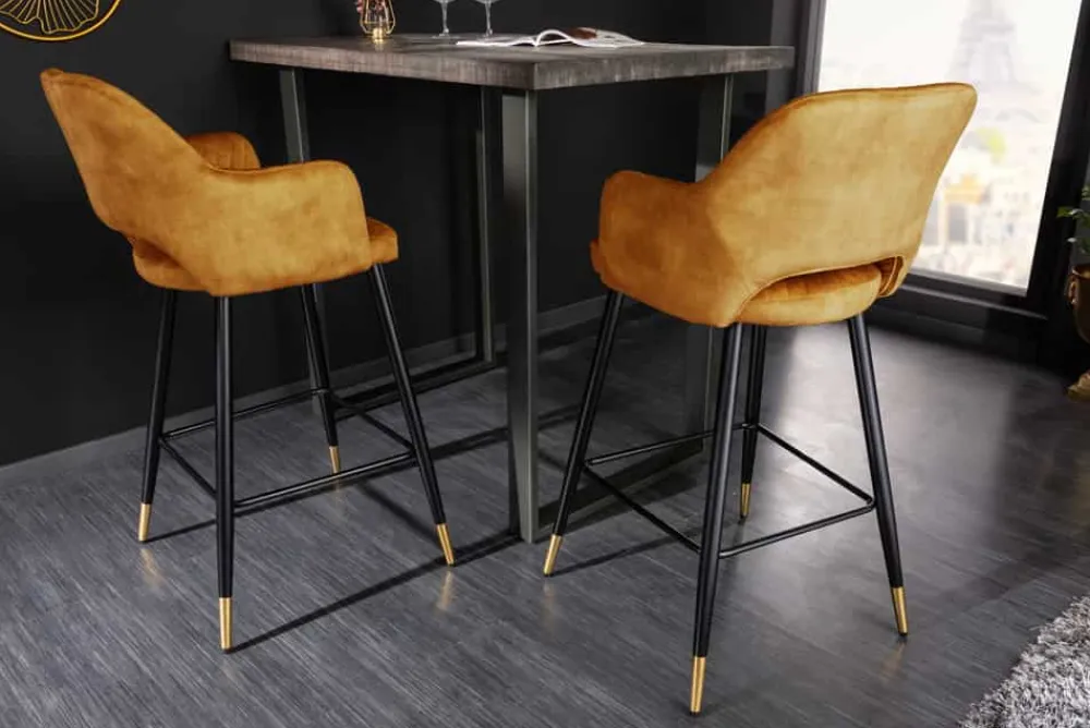 Riess-Ambiente Retro Möbel|Barhocker > Design Barhocker PARIS senfgelb Samt mit Lehne Metall schwarz gold Ziersteppung