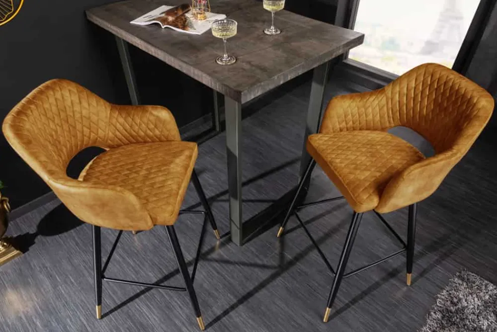 Riess-Ambiente Retro Möbel|Barhocker > Design Barhocker PARIS senfgelb Samt mit Lehne Metall schwarz gold Ziersteppung