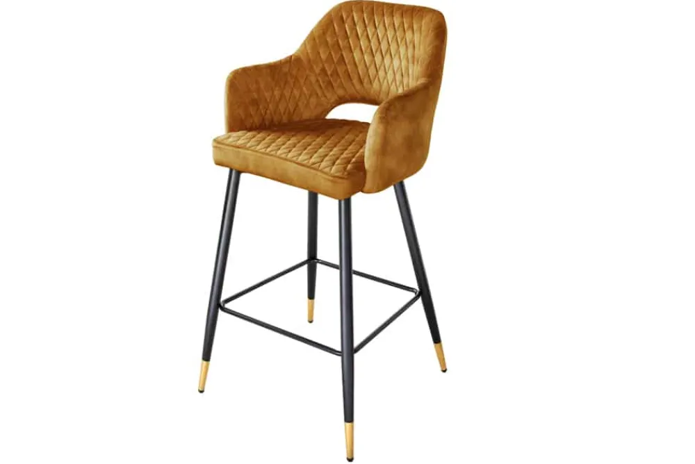 Riess-Ambiente Retro Möbel|Barhocker > Design Barhocker PARIS senfgelb Samt mit Lehne Metall schwarz gold Ziersteppung