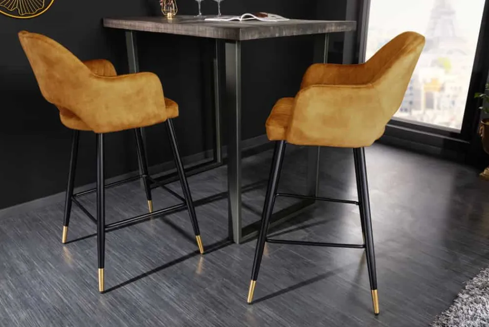 Riess-Ambiente Retro Möbel|Barhocker > Design Barhocker PARIS senfgelb Samt mit Lehne Metall schwarz gold Ziersteppung