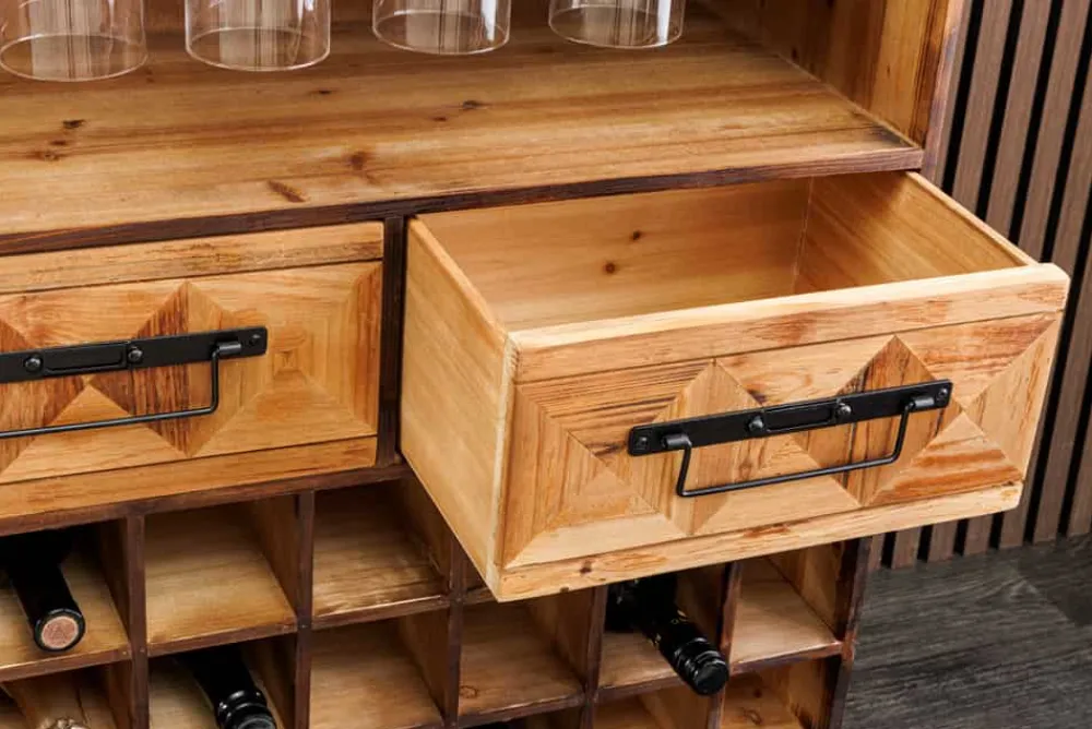 Riess-Ambiente Mehr...|Massivholzschränke > Design Barschrank BODEGA 160cm natur Pinienholz Weinregal Glashalter Schubladen