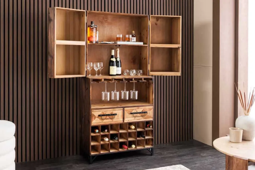 Riess-Ambiente Mehr...|Massivholzschränke > Design Barschrank BODEGA 160cm natur Pinienholz Weinregal Glashalter Schubladen