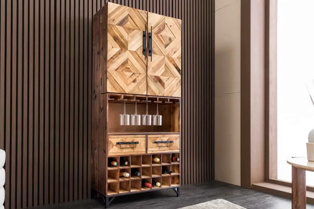 Riess-Ambiente Mehr...|Massivholzschränke > Design Barschrank BODEGA 160cm natur Pinienholz Weinregal Glashalter Schubladen