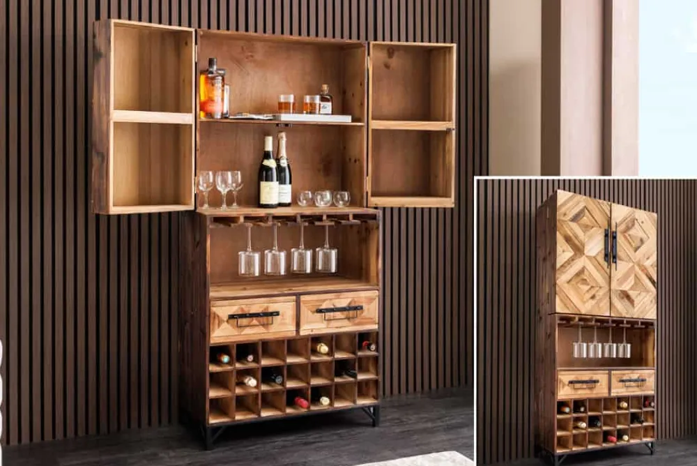 Riess-Ambiente Mehr...|Massivholzschränke > Design Barschrank BODEGA 160cm natur Pinienholz Weinregal Glashalter Schubladen