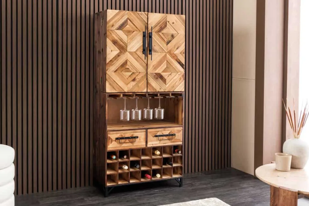 Riess-Ambiente Mehr...|Massivholzschränke > Design Barschrank BODEGA 160cm natur Pinienholz Weinregal Glashalter Schubladen