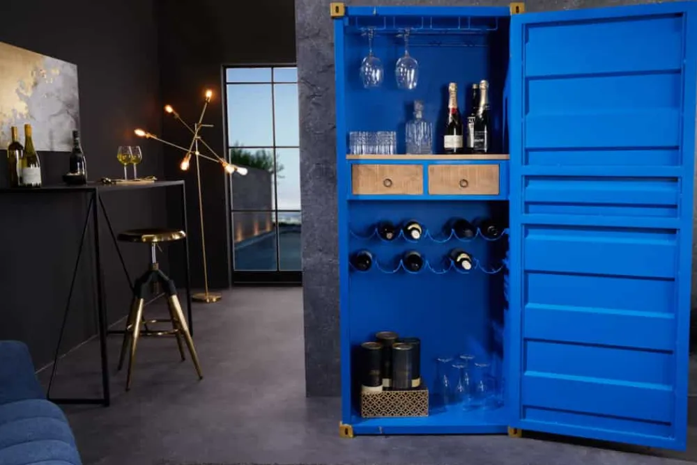 Riess-Ambiente Industrial Loft|Weinregale > Design Barschrank Container GLOBETROTTER 180cm blau Weinregal Upcycling