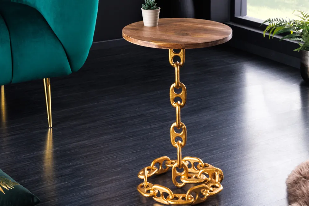Riess-Ambiente Beistelltische|Mehr... > Design Beistelltisch CHAINS 55cm gold Mangoholz handmade Metall rund Kettengestell massiv