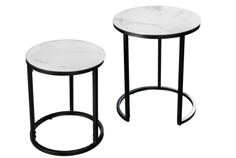 Riess-Ambiente Beistelltische|Couchtische & Truhen > Design Beistelltisch ELEGANCE 2er Set weiß rund Kristallglas mit Marmor-Dekor schwarzes Gestell