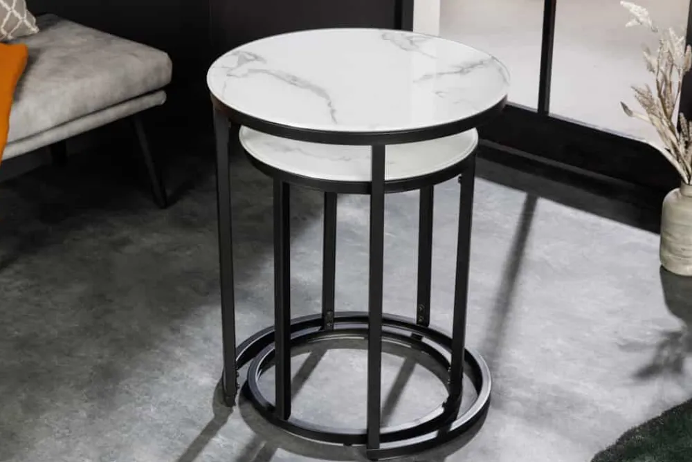 Riess-Ambiente Beistelltische|Couchtische & Truhen > Design Beistelltisch ELEGANCE 2er Set weiß rund Kristallglas mit Marmor-Dekor schwarzes Gestell