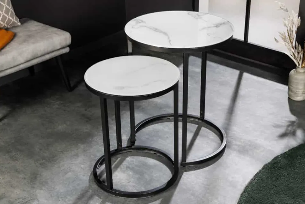 Riess-Ambiente Beistelltische|Couchtische & Truhen > Design Beistelltisch ELEGANCE 2er Set weiß rund Kristallglas mit Marmor-Dekor schwarzes Gestell