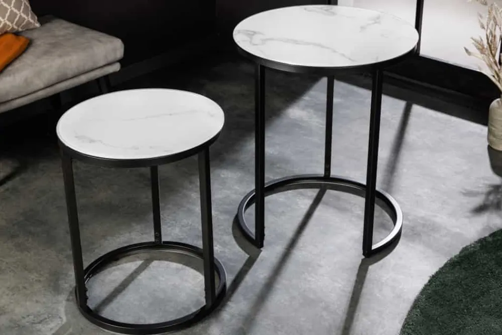 Riess-Ambiente Beistelltische|Couchtische & Truhen > Design Beistelltisch ELEGANCE 2er Set weiß rund Kristallglas mit Marmor-Dekor schwarzes Gestell