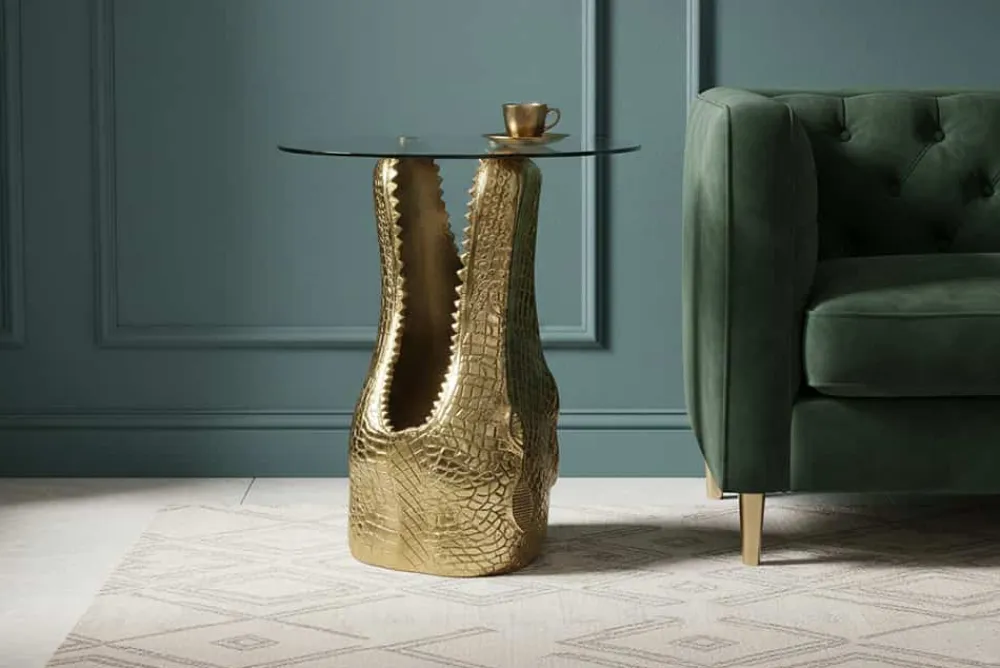 Riess-Ambiente Beistelltische > Design Beistelltisch WILDLIFE CROCODILE 50cm gold runde Glasplatte Krokodil