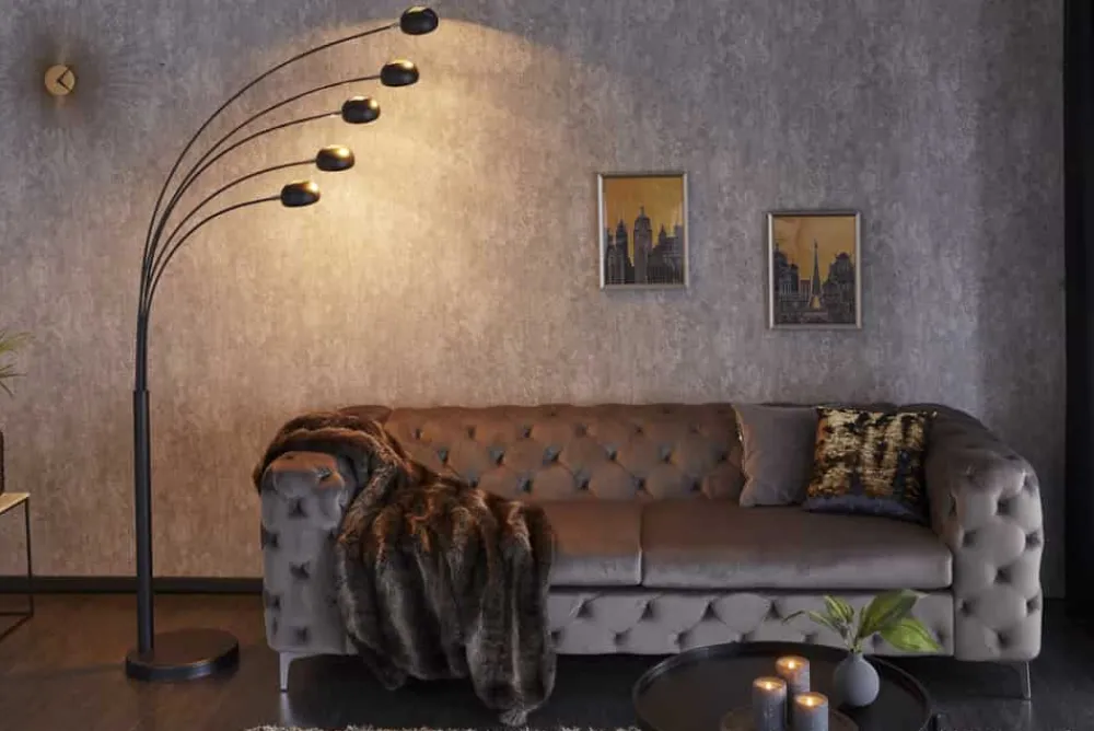 Riess-Ambiente Goldene Möbel|Retro Möbel > Design Bogenlampe FIVE LIGHTS 210cm schwarz gold Stehlampe mit Marmorfuß