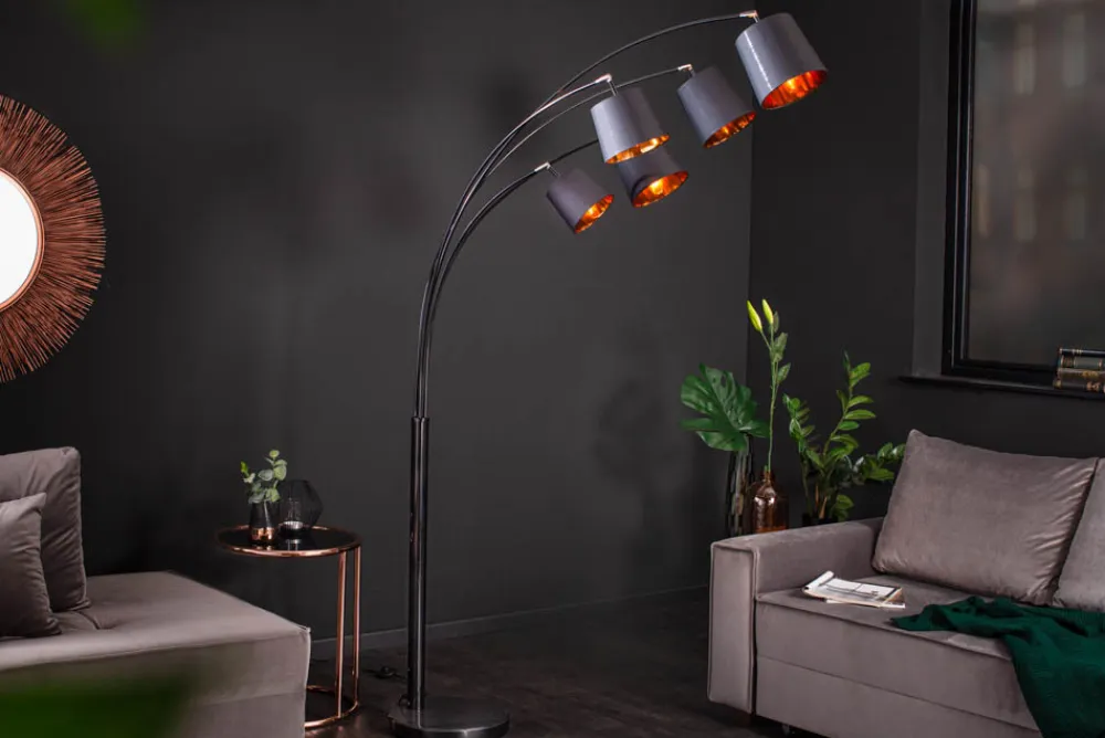 Riess-Ambiente Goldene Möbel|Retro Möbel > Design Bogenlampe LEVELS 205cm schwarz gold 5 neigbare Leinenschirme Stehlampe