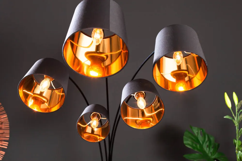Riess-Ambiente Goldene Möbel|Retro Möbel > Design Bogenlampe LEVELS 205cm schwarz gold 5 neigbare Leinenschirme Stehlampe