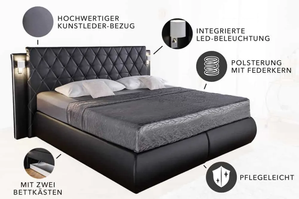 Riess-Ambiente Boxspringbetten > Design Boxspringbett PALAZZO 180x200cm schwarz inkl. Stauraum Matratze Topper