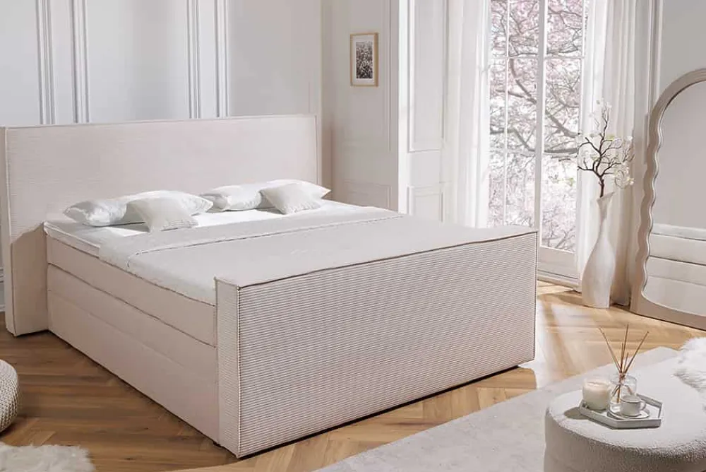 Riess-Ambiente Boxspringbetten > Design Boxspringbett SIGNUM 180x200cm beige Cord inkl. Topper Matratze und Stauraum