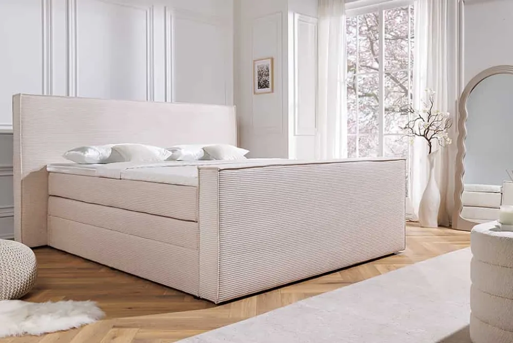 Riess-Ambiente Boxspringbetten > Design Boxspringbett SIGNUM 180x200cm beige Cord inkl. Topper Matratze und Stauraum