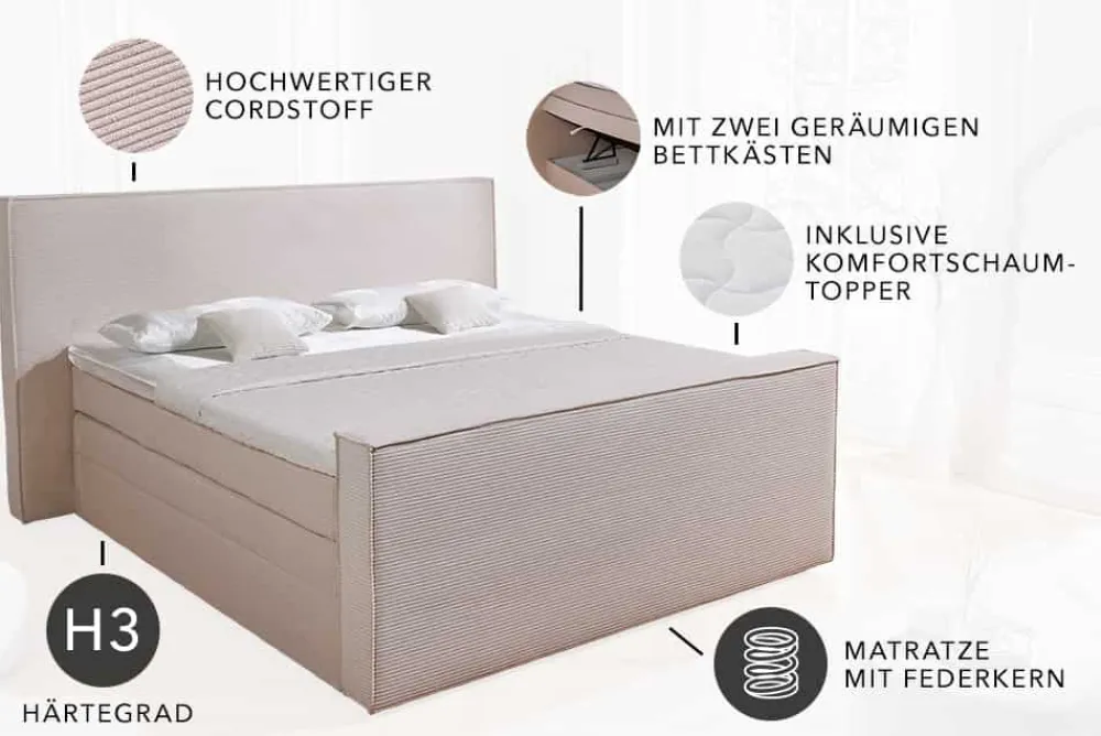 Riess-Ambiente Boxspringbetten > Design Boxspringbett SIGNUM 180x200cm beige Cord inkl. Topper Matratze und Stauraum