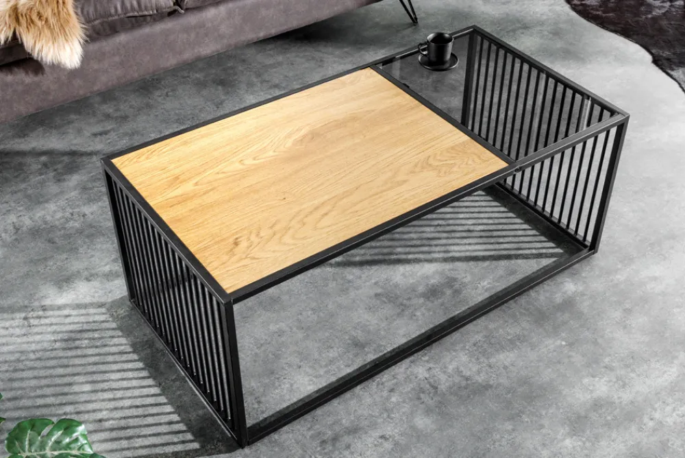 Riess-Ambiente Skandinavisch|Couchtische & Truhen > Design Couchtisch ARCHITECTURE 100cm schwarz Wildeiche Rauchglas Metall Holz