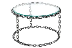 Riess-Ambiente Couchtische & Truhen > Design Couchtisch CHAINS 65cm silber handmade Metall rund Glasplatte Kettengestell