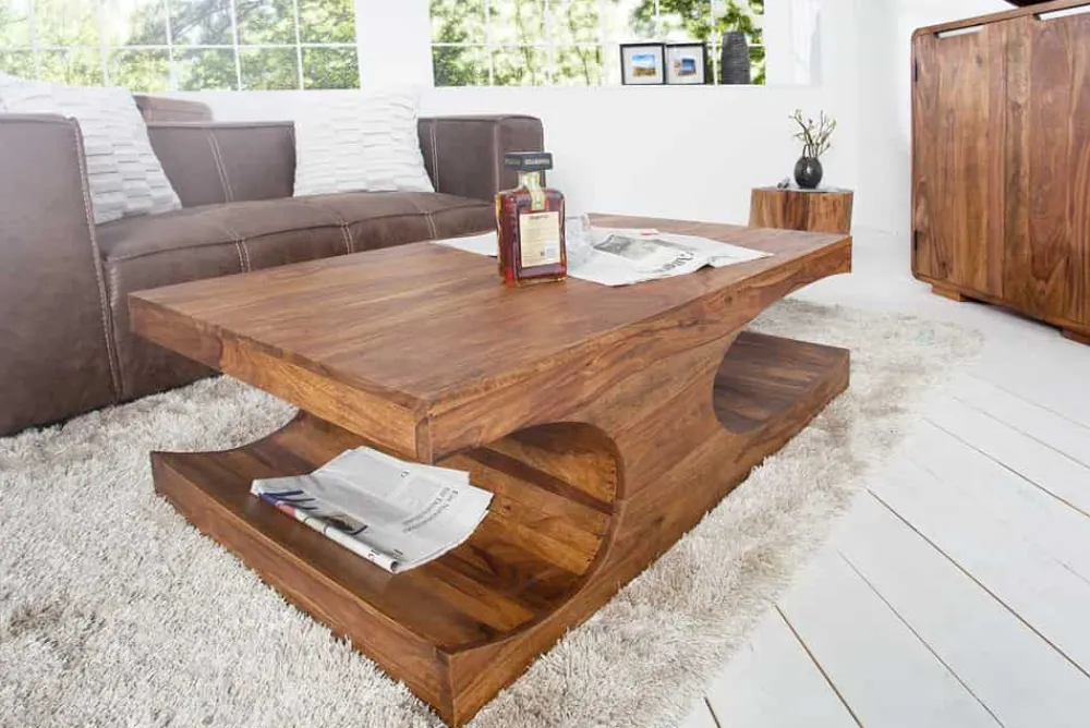 Riess-Ambiente Mehr...|Couchtische > Design Couchtisch CUBUS 120cm braun Sheesham Massivholz stone finish mit Stauraum