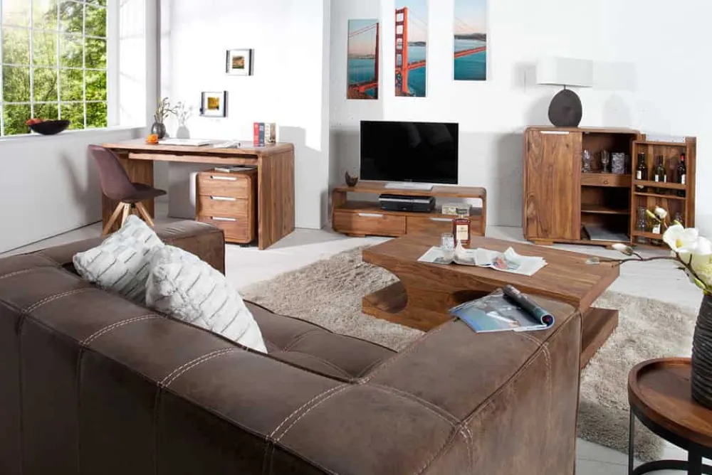 Riess-Ambiente Mehr...|Couchtische > Design Couchtisch CUBUS 120cm braun Sheesham Massivholz stone finish mit Stauraum