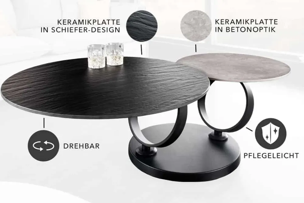 Riess-Ambiente Couchtische & Truhen > Design Couchtisch DANCING RINGS schwarz grau rund drehbar Keramik Metall