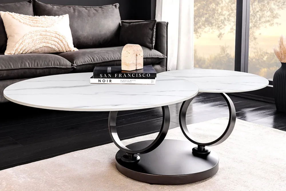 Riess-Ambiente Couchtische & Truhen > Design Couchtisch DANCING RINGS weiß rund drehbar Marmor Keramik schwarz Metall