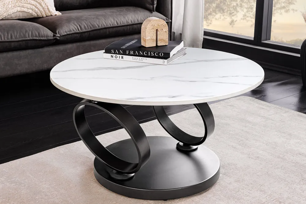 Riess-Ambiente Couchtische & Truhen > Design Couchtisch DANCING RINGS weiß rund drehbar Marmor Keramik schwarz Metall