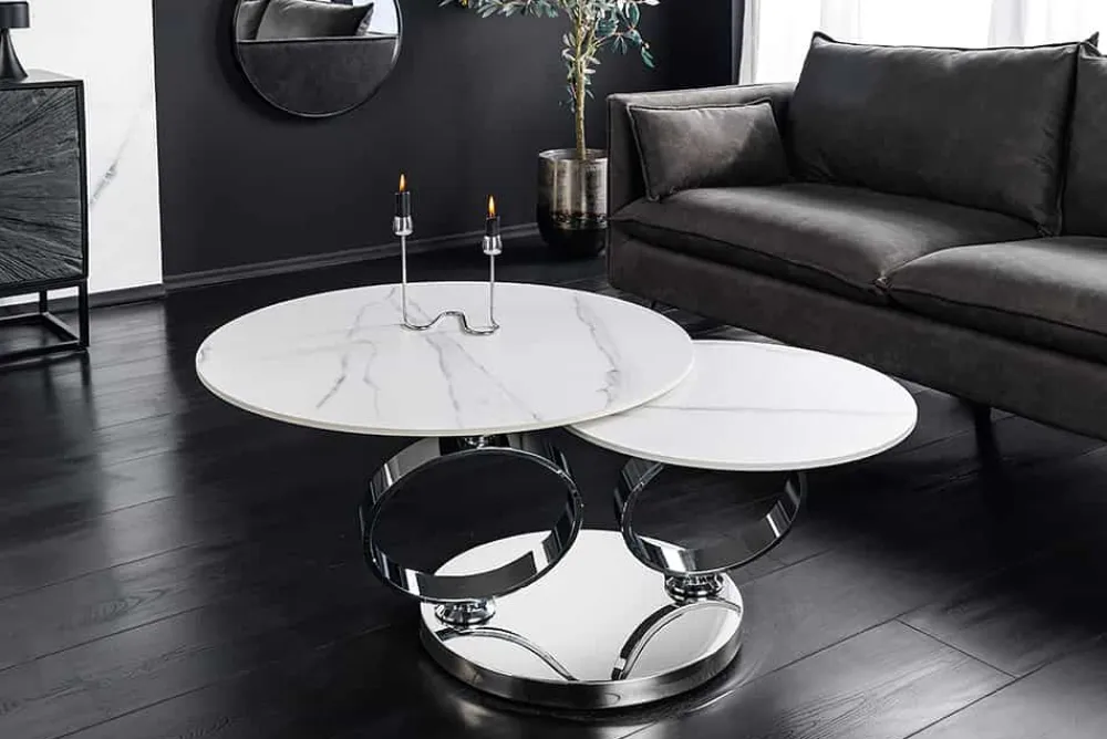 Riess-Ambiente Couchtische & Truhen > Design Couchtisch DANCING RINGS weiß rund drehbar Marmor Keramik Chrome Gestell