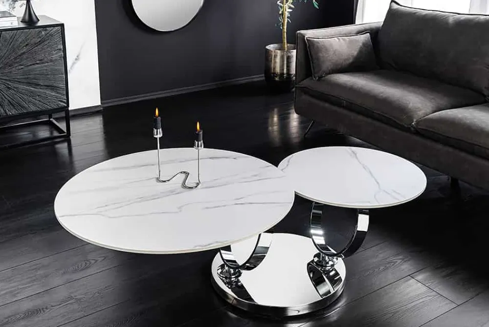 Riess-Ambiente Couchtische & Truhen > Design Couchtisch DANCING RINGS weiß rund drehbar Marmor Keramik Chrome Gestell