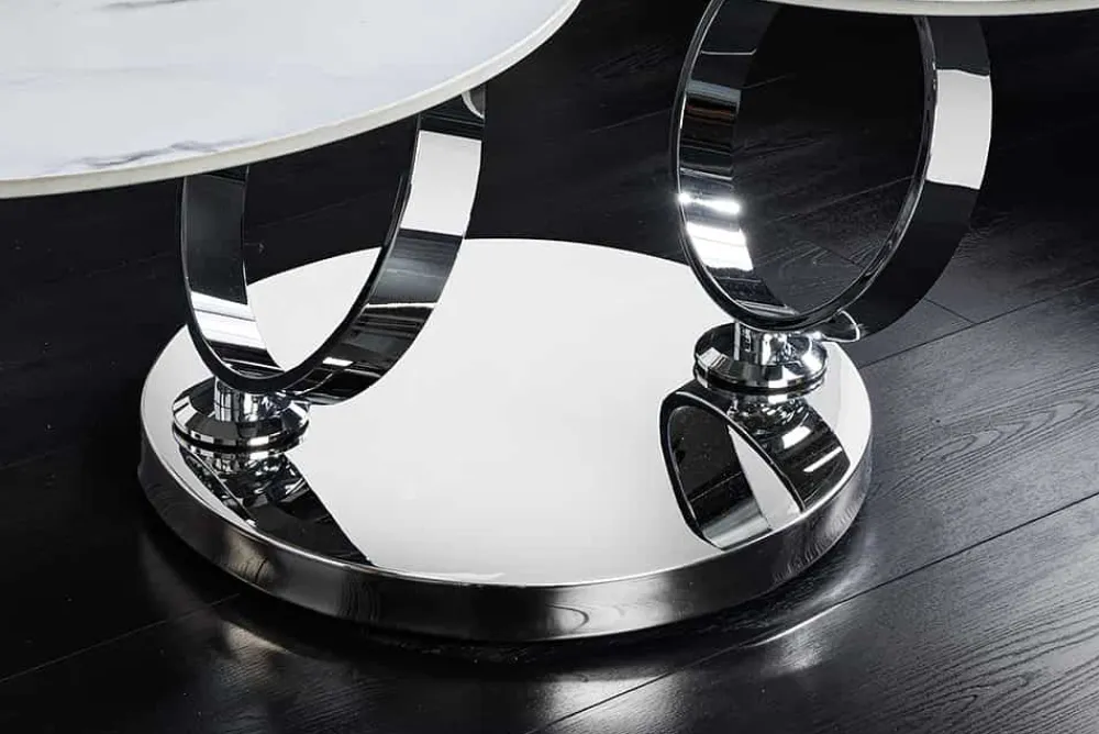 Riess-Ambiente Couchtische & Truhen > Design Couchtisch DANCING RINGS weiß rund drehbar Marmor Keramik Chrome Gestell