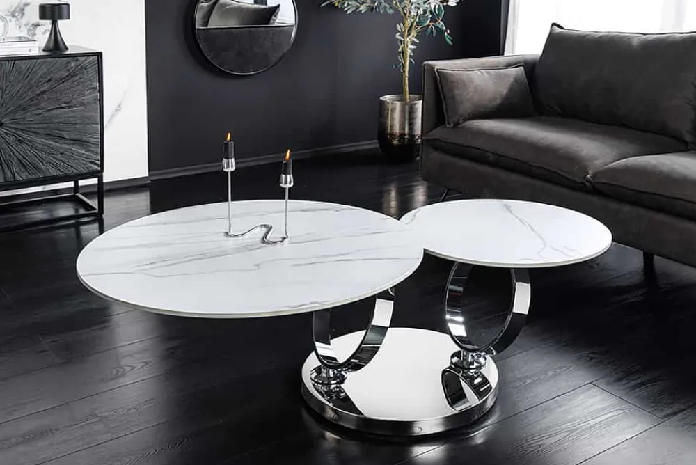 Riess-Ambiente Couchtische & Truhen > Design Couchtisch DANCING RINGS weiß rund drehbar Marmor Keramik Chrome Gestell