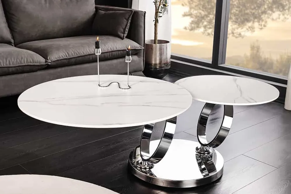 Riess-Ambiente Couchtische & Truhen > Design Couchtisch DANCING RINGS weiß rund drehbar Marmor Keramik Chrome Gestell