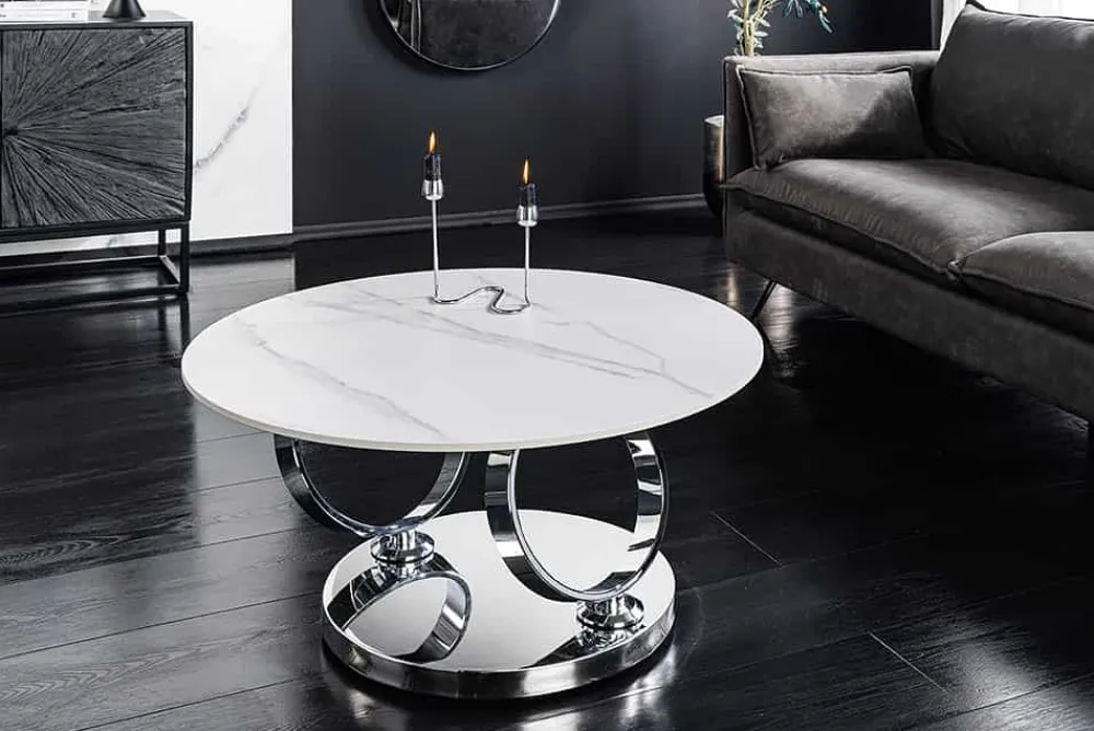 Riess-Ambiente Couchtische & Truhen > Design Couchtisch DANCING RINGS weiß rund drehbar Marmor Keramik Chrome Gestell