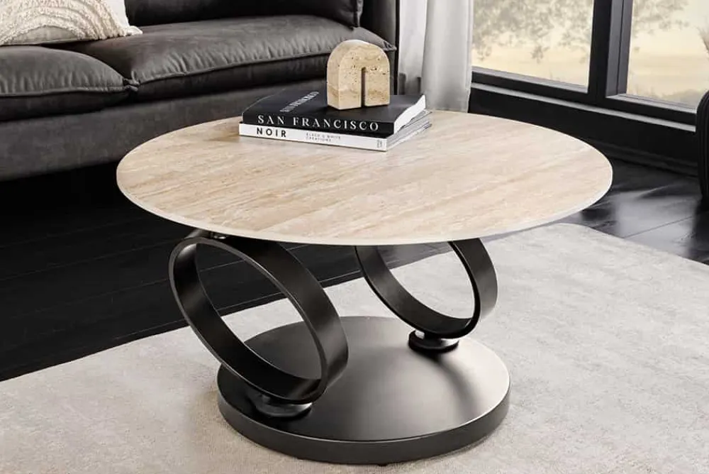 Riess-Ambiente Couchtische & Truhen > Design Couchtisch DANCING RINGS rost rund drehbar Travertin Keramik schwarz Gestell