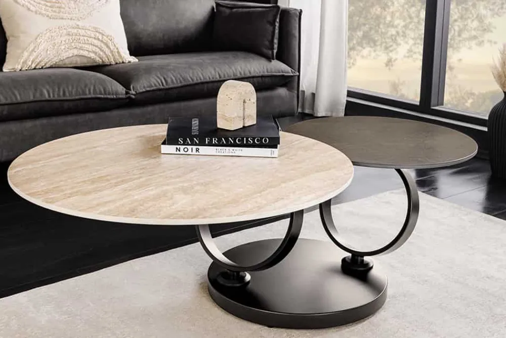 Riess-Ambiente Couchtische & Truhen > Design Couchtisch DANCING RINGS rost rund drehbar Travertin Keramik schwarz Gestell