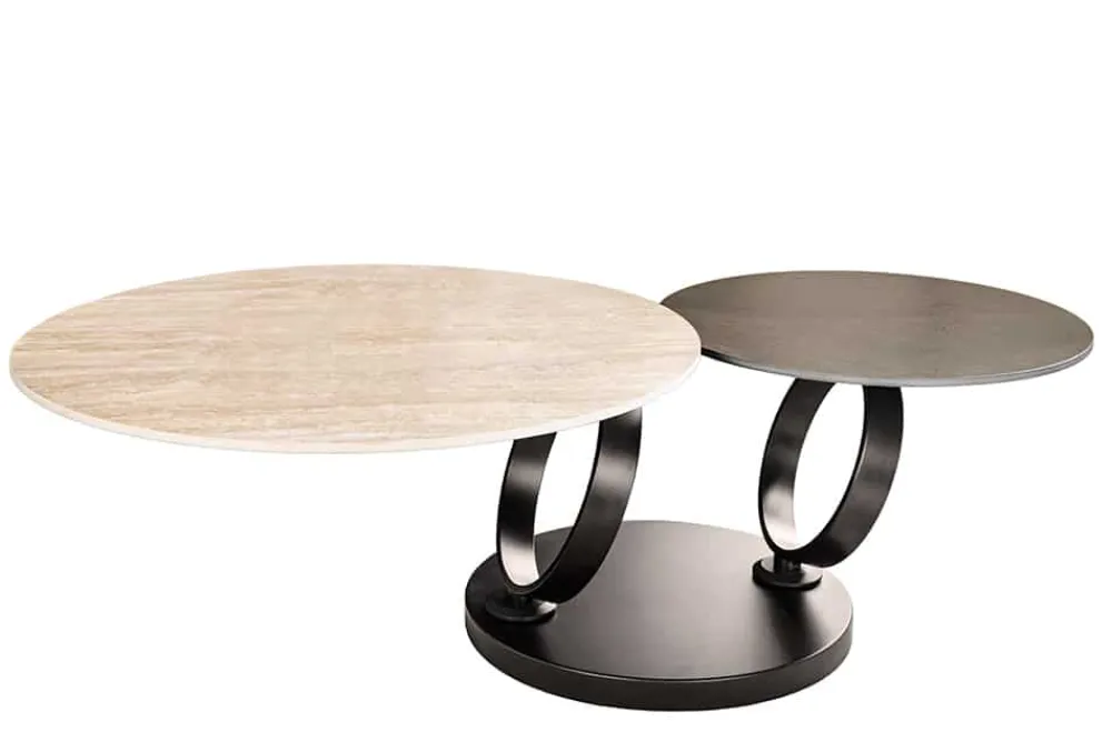Riess-Ambiente Couchtische & Truhen > Design Couchtisch DANCING RINGS rost rund drehbar Travertin Keramik schwarz Gestell