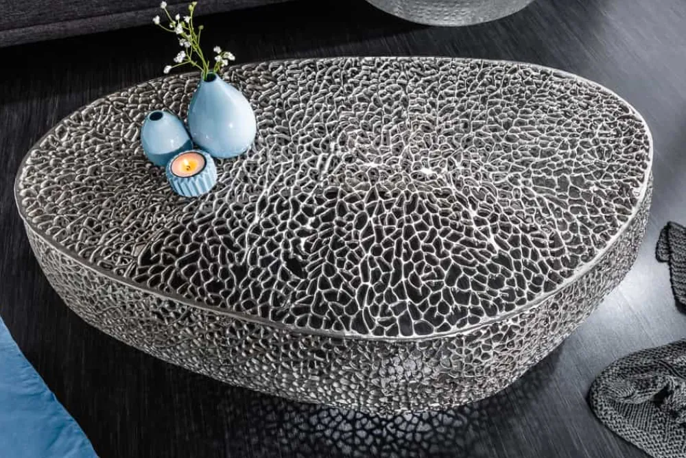 Riess-Ambiente Couchtische & Truhen > Design Couchtisch LEAF 130cm silber Metall-Aluminium-Legierung handmade